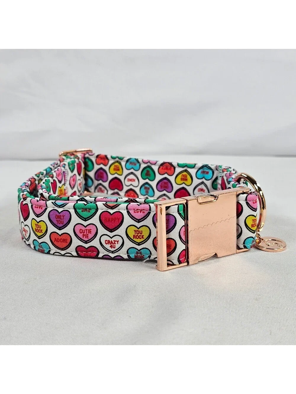 Dogwong Valentine Conversation Heart Dog Collar and Bow Tie Set Rose Gold Medium